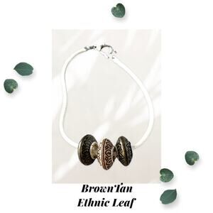 Brown Tan - Metallic Leaf - Ethnic Euro Bead Bracelet - Ivory Cord